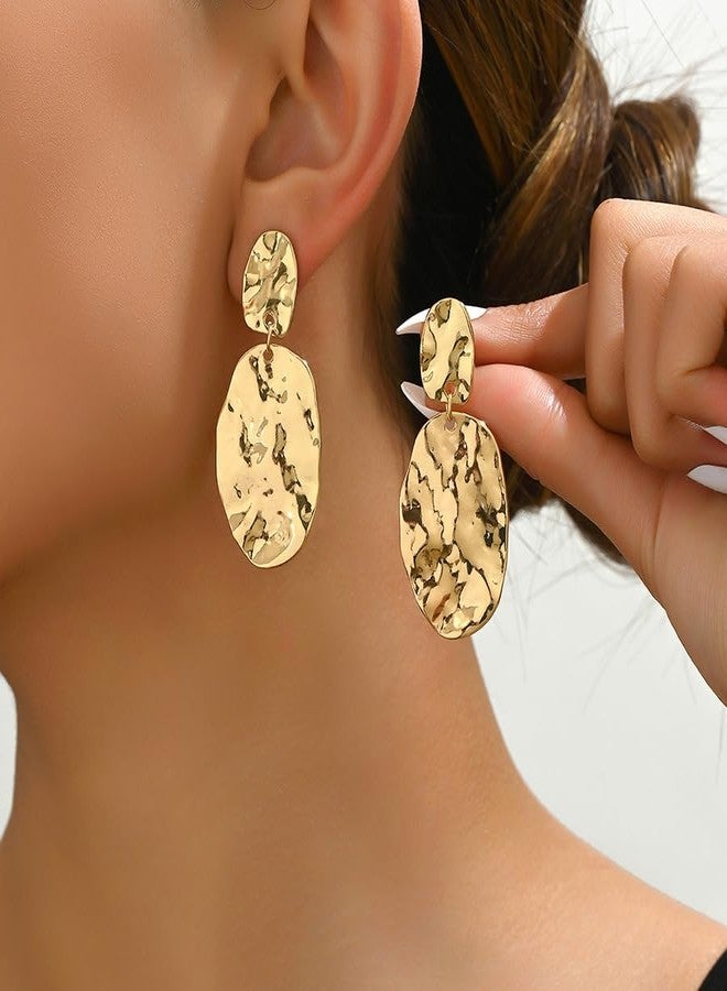ZENCHEER Chunky Irregular Geometry Clip On Earrings for Women, Matte Gold/Silver Retro Oval Dangle Drop Clip Earrings Non Pierced Clips Stetement Jewelry Gifts (Gold) - Image 3